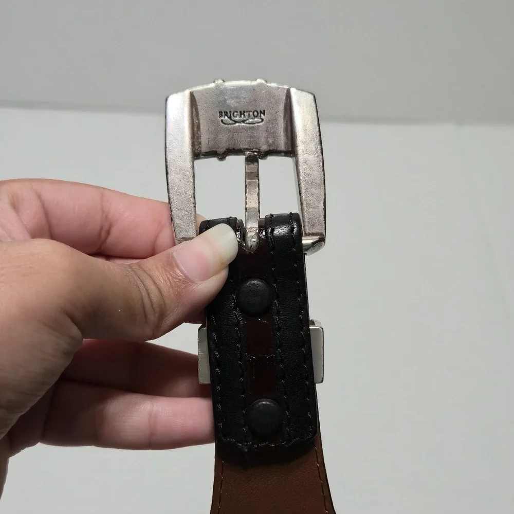 Vintage Onyx By Brighton Leather Belt Silver Tone‎ Hardware Croc Brown 40